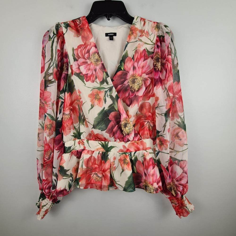 Express Womens Floral Peplum Blouse Pink Red V-Neck Smocked Cuff Top Small